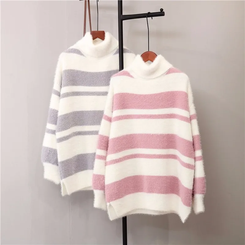 

Faux Mink Hair Sweet Wind Hit Color Sweater Female Striped High Neck Loose Long Sleeve Casual Knitted Jumpers Pullover Spring