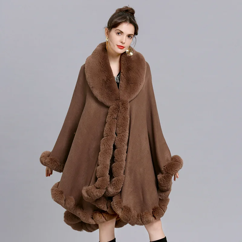 16 Colors Women Cloak Pashmina Batwing Sleeves Shawl Coat Oversize Winter Big Faux Fox Fur Neck Plus Size Poncho Out Streetwear