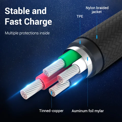 Vention Micro USB кабель 3A, нейлоновый, быстрое зарядное устройство для Android — фото товара