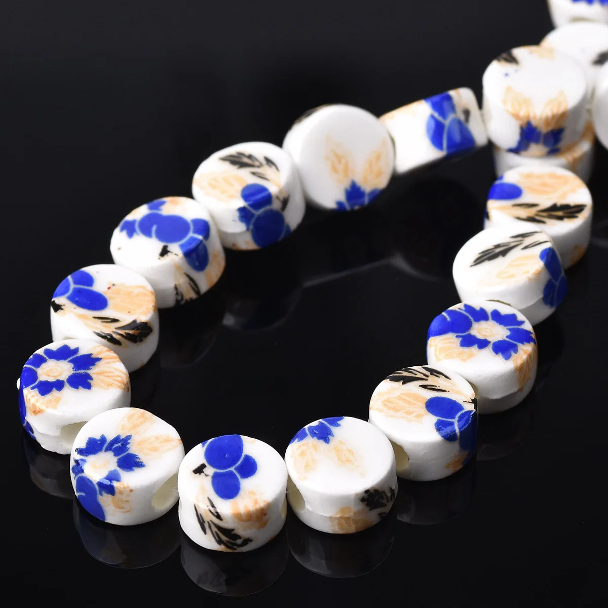 8.5x5.5mm Flat Round Shape Flower Patterns Ceramic Porcelain Loose Crafts Beads Lot for Jewelry Making DIY Findings