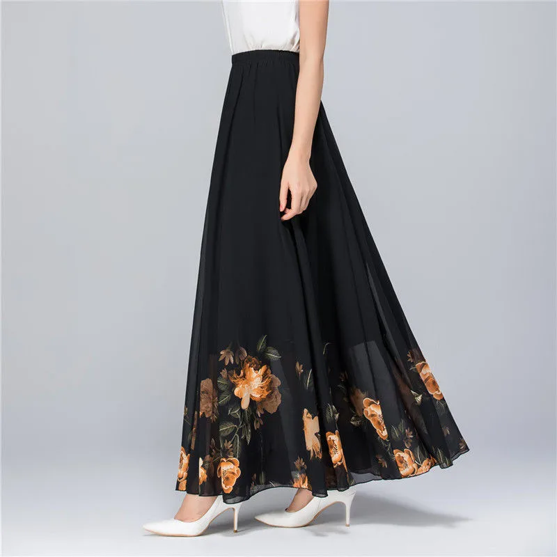 Plus Size High Waist Chiffon Women Midi Skirts 2020 Summer Autumn Office Lady Casual Floral Print Female Skirt Maxi Beach Skirt