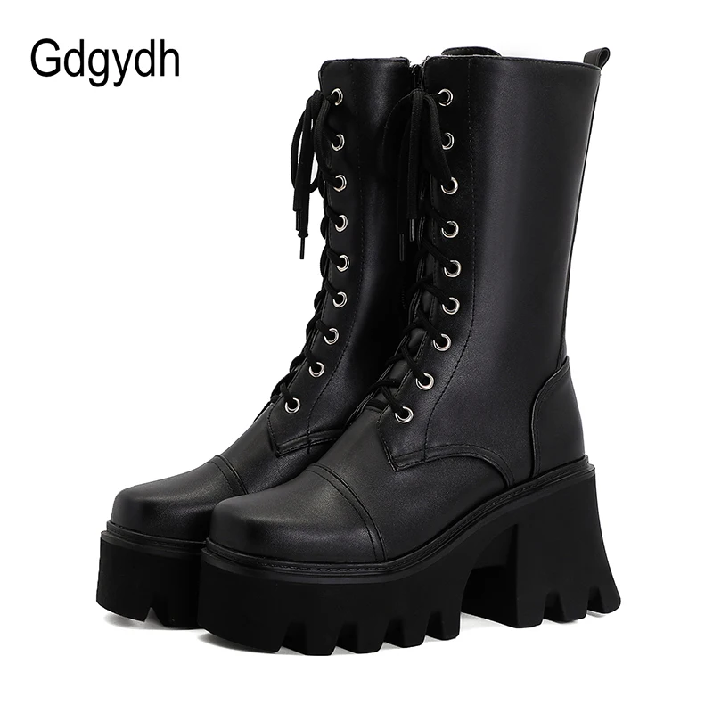 Gdgydh Personality British Style Thick Sole Boots Large Lace Up Platform Boots For Women Leather PU Chunky Heel Winter Shoes