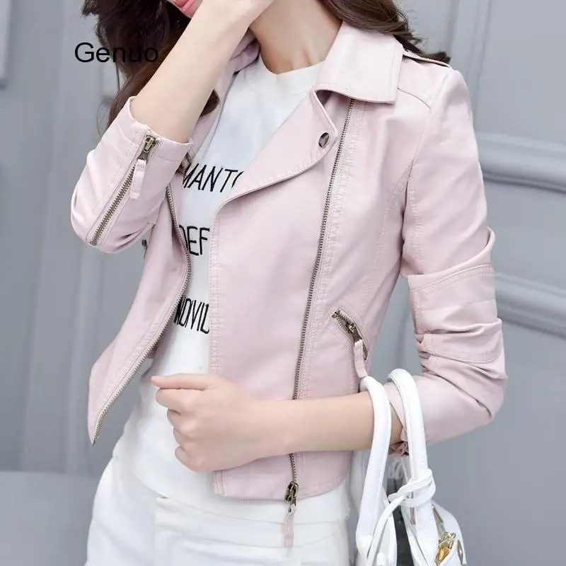 

Women Jacket 2020 Spring Autumn Pink Pu Leather Coat Biker Bomber Jacket Motorcycle Faux Leather Outerwear Casual Black Jackets