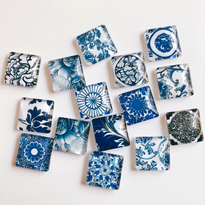 50pcs/lot clear square glass cabochon blue and white porcelain pattern mixed color fit cameo setting 10mm 12mm 15mm