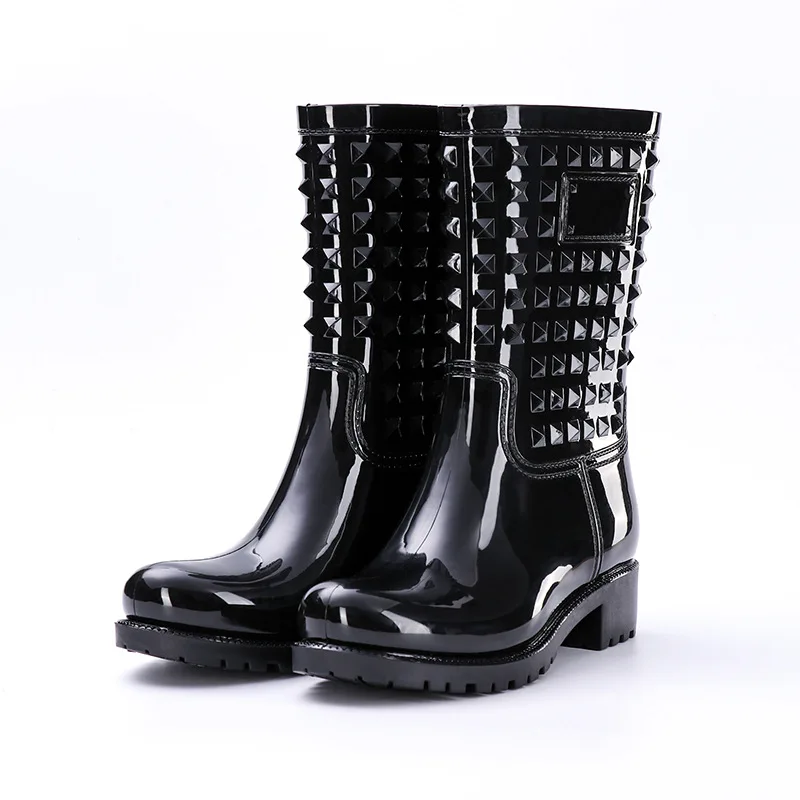 Women Boots Spring Summer Rainboots Mid-Calf Woman Shoes Big Size Non-slip Waterproof Female Footwear Rivet PVC Rain Boots Pop99