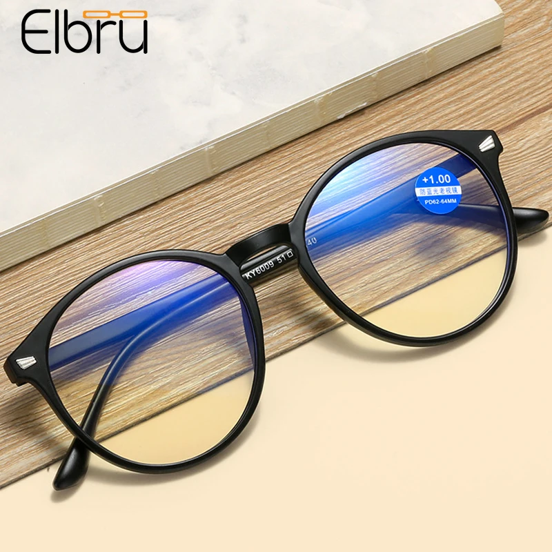 

Elbru Vintage Anti Blue Light Reading Glasses Round HD Presbyopic Eyeglasses Fashion Men Women Large Eyewear Diopters +1.0 +3.5