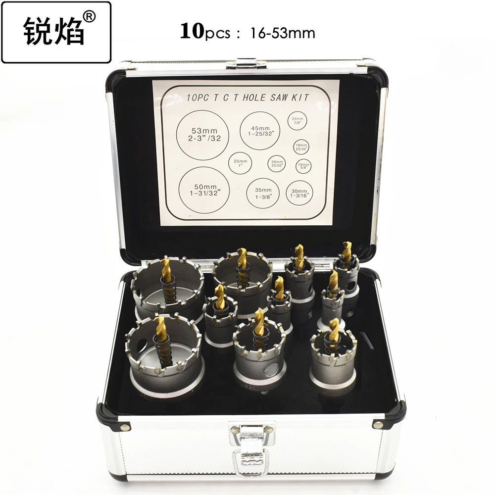 Coroa de perfuração para Metal TCT Hole Saw, carboneto, aço inoxidável, broca de núcleo grossa chapeada, 6pcs, 10pcs set, 16-65mm