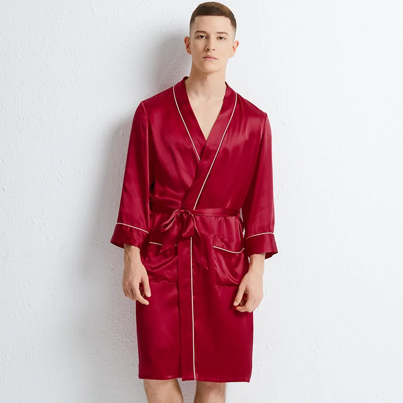 Bata de baño Kimono de seda para hombre, ropa de dormir Sexy, de manga larga, color rojo, 100