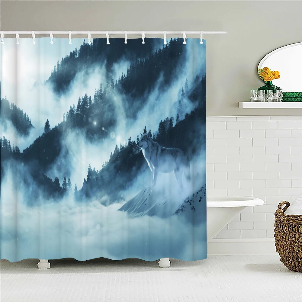 Japanese-style Forest Sun Moon Printed Fabric Shower Curtains landscape Waterproof Bathroom Curtain Bathroom Decor with 12 Hooks