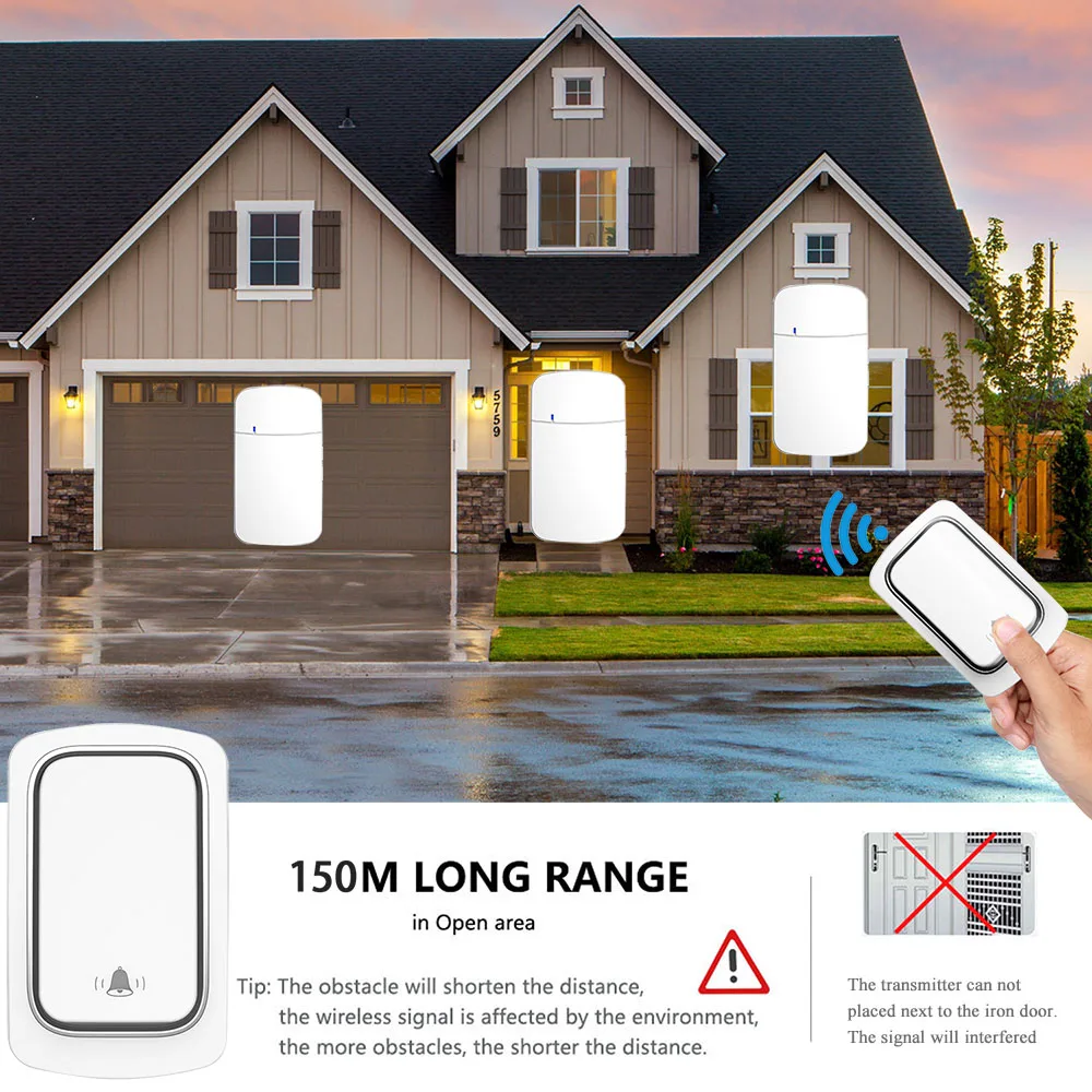 Outdoor Wireless Doorbell 220V Smart Kinetic Ring Bell Sets 2 in 1 Receiver Waterproof Self-powered No battery For Home Control