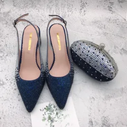 Custom Made Navy Blue Silver  Crystal African Shoes With Matching Bag Set SlingBacks Dress Pumps Big Size Low Heel Women Shoes