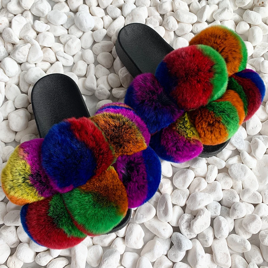 2024 Pom Pom Fur Slippers Women Fluffy Sliders Furry Sandals Real Rabbit Fur Slippers Fox Fur Slides Multicolor Customize