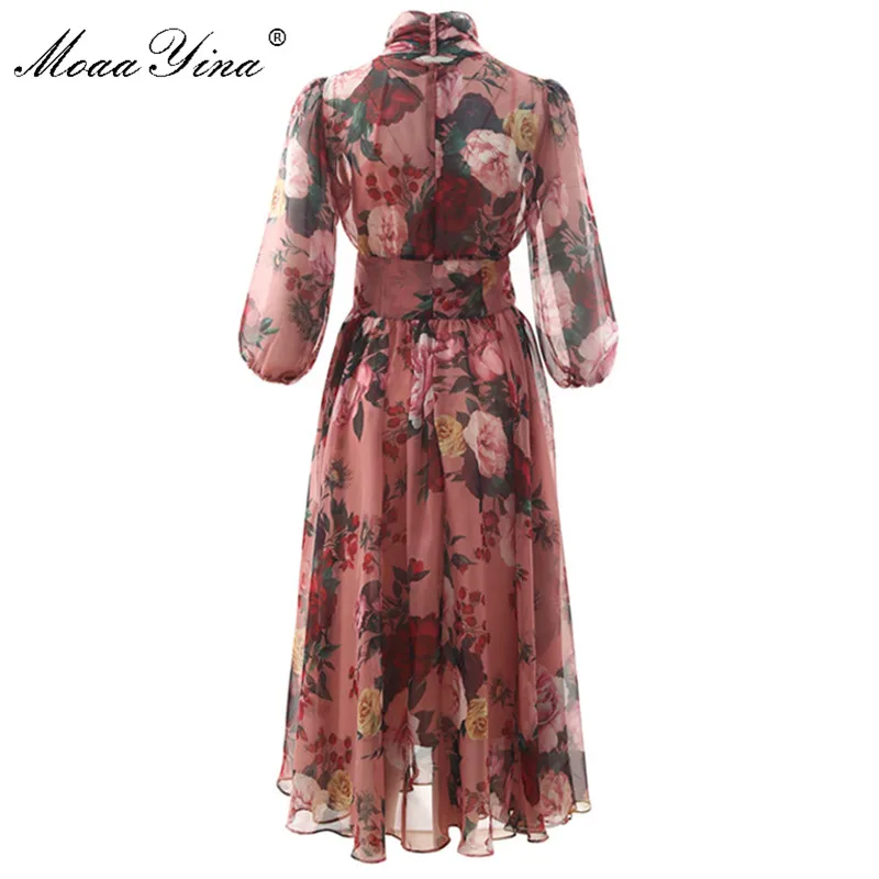 MoaaYina Fashion Designer Runway dress Spring Summer Women Pink Dress Bow collar Rose Floral-Print Elegant Chiffon Dresses