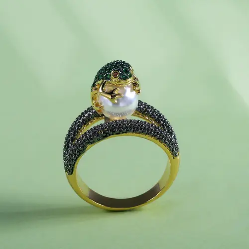 Huitan Cute Animal Ring Jumping Frog Shaped Fancy Rings Birthday Gift Rough Surface With Simulated Pearl Ring - Image 3