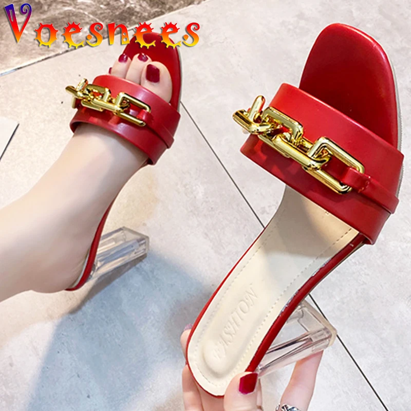 Korean Style All-Match Women Shoes Square Head One Word Slippers Metal Decoration Chain Shallow Mouth Transparent Heels Sandals