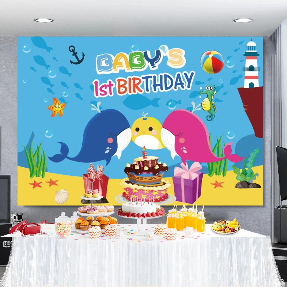 Laeacco Shark Birthday Backdrops For Photography Baby Cartoon Fish Shell Bubble Party Portrait Photo Backgrounds Photo Studio