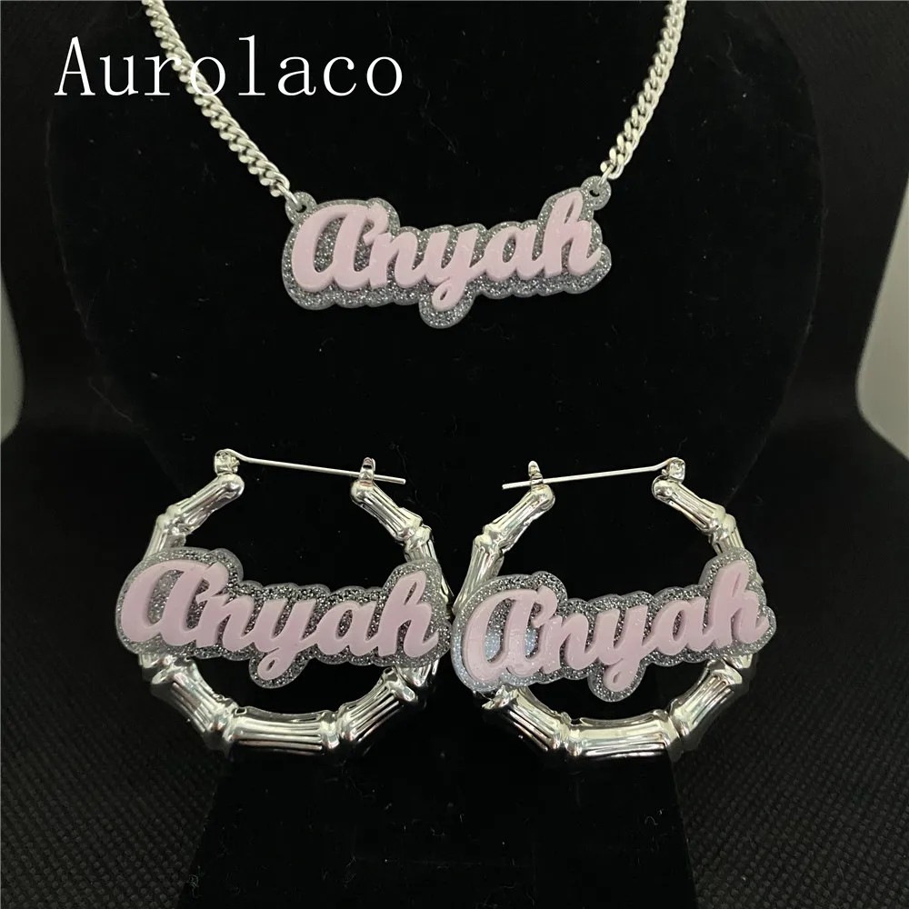 AurolaCo Fashion Trend Custom Name Earrings Hip-hop Personality Bamboo Style Round Acrylic Earrings Custom Birthday Gift