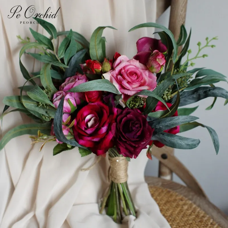 PEORCHID VINTAGE Handmade สีชมพู Rose Wedding Bouquet เจ้าสาวดอกไม้สำหรับเจ้าสาวดอกไม้ประดิษฐ์เจ้าสาวตกแต่ง