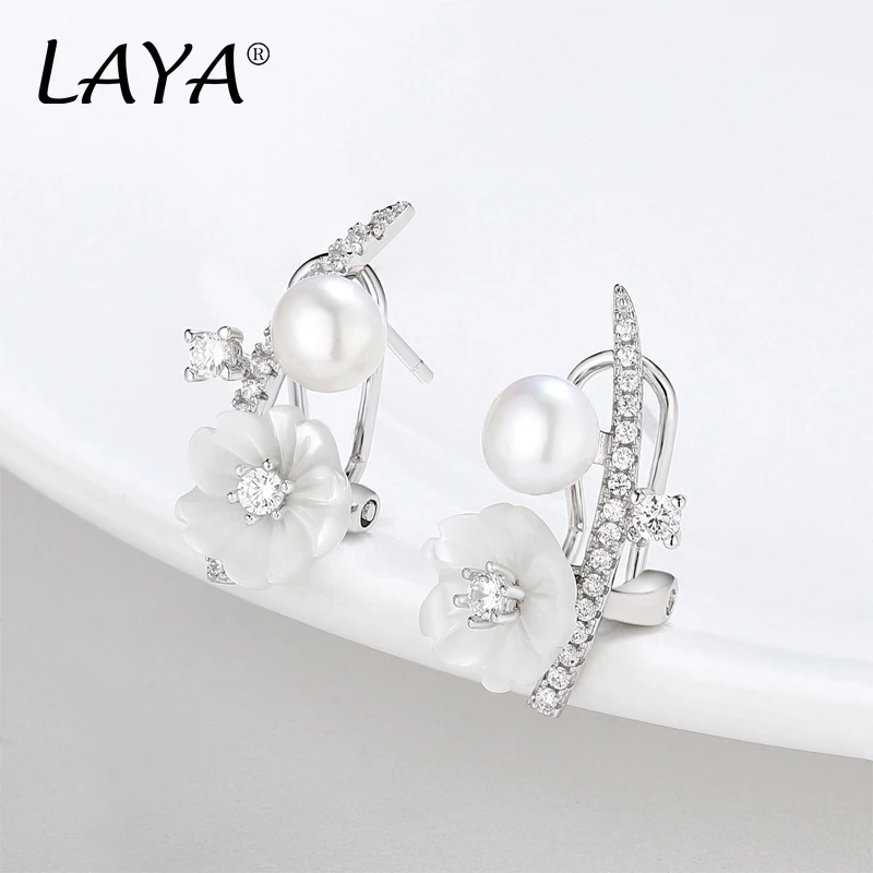Laya 925 Sterling Silver Summer Hot Style Jewelry High Quality Zircon Natural Shell Flower Freshwater Pearl Earrings For Women