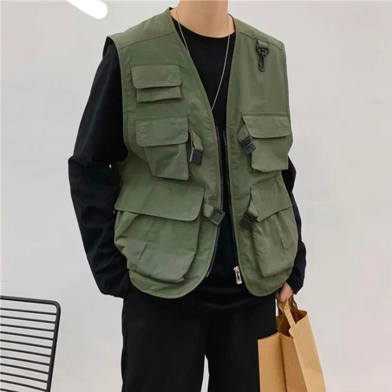 2021 Mens Fashion Tooling Vest Men Streetwear Cargo Vest Hip Hop Sleeveless Jacket Gilet Military Multi-Pocket Outdoors Coat