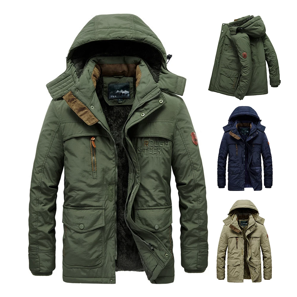 6XL Plus Men Autumn New Outwear Casual Long Thick Fleece Warm Parkas Jacket Coat Men Winter Vintage Hat Pockets Parka Trench Men