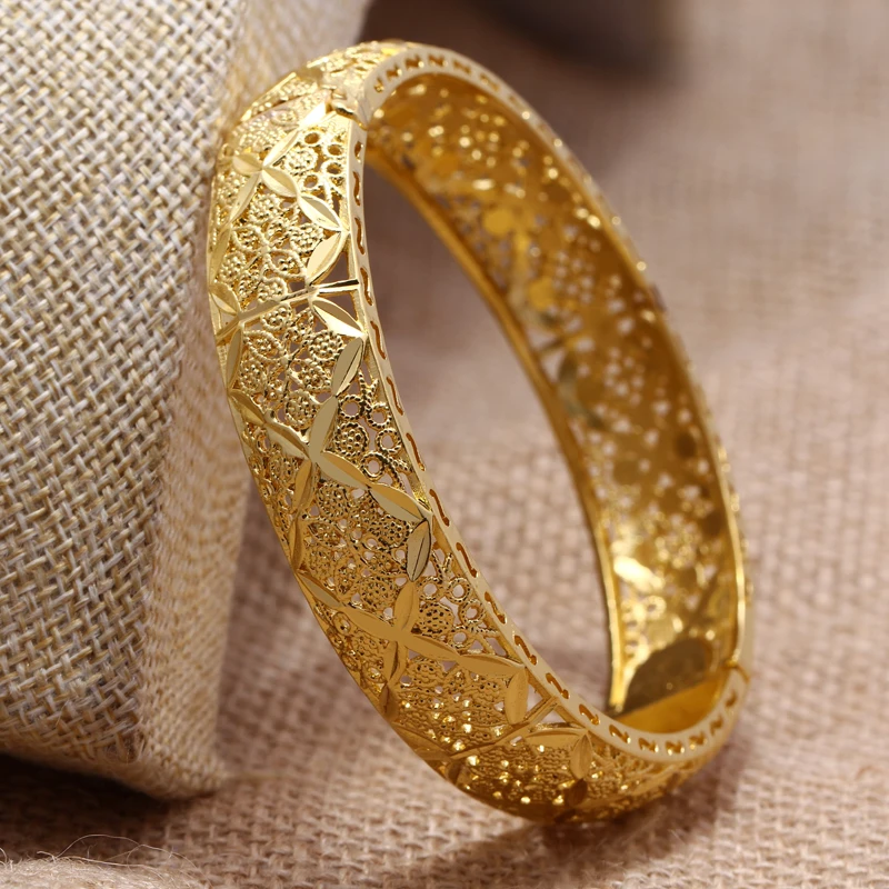 Dubai Gold Color Big Flowers Bangles Set for Women Copper Alloy Ethiopian Arabic Indian Style Wedding Jewelry Gift