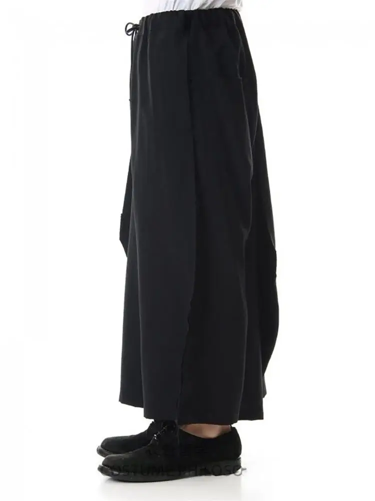 Men's new casual wide-leg pants culottes irregular asymmetric button design of urban youth fashion black