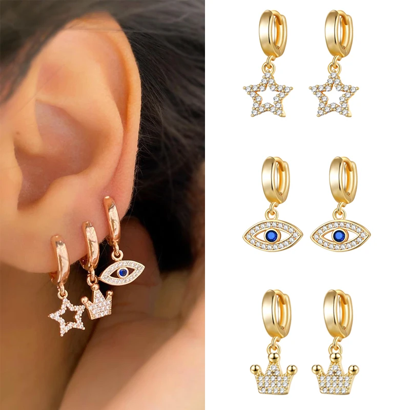 CRMYA pendientes de plata Color dorado Cruz Luna estrella CZ circón pequeño círculo Huggie pendientes de aro para mujer joyería fina al por mayor