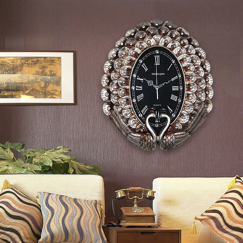 High-End Retro Mural European Style Modern Art Ornaments Fashion Creative Home Wall Clock, Peahen Wall Clock