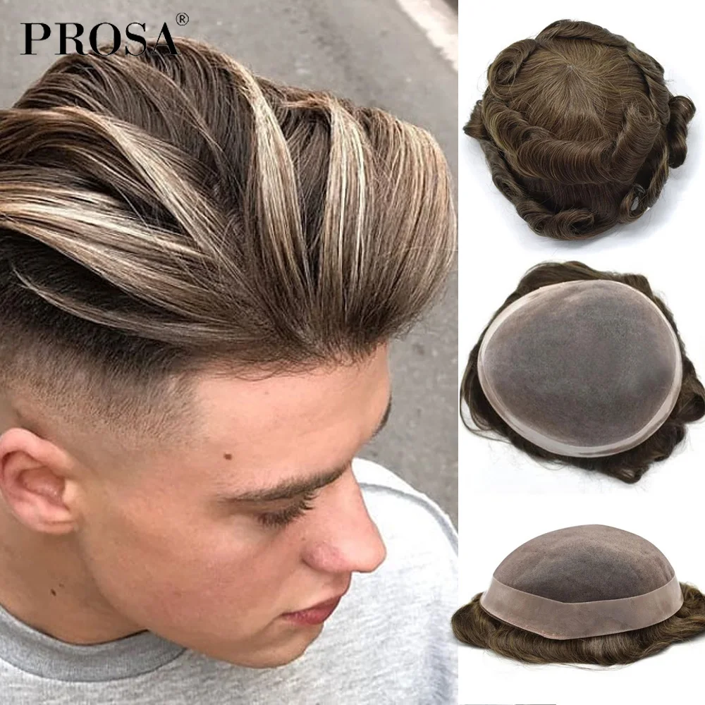 Peruca masculina 7x9, leve ondulada mono com poly natural, peruca de homem super fina, sistema de cabelo masculino, peça de cabelo natural fashion