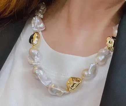 

Favorite Pearl White Baroque Genuine Freshwater Pearl Necklace Huge Size 14k Gold Fild Beads Jewelry New Style Unique Women Gift