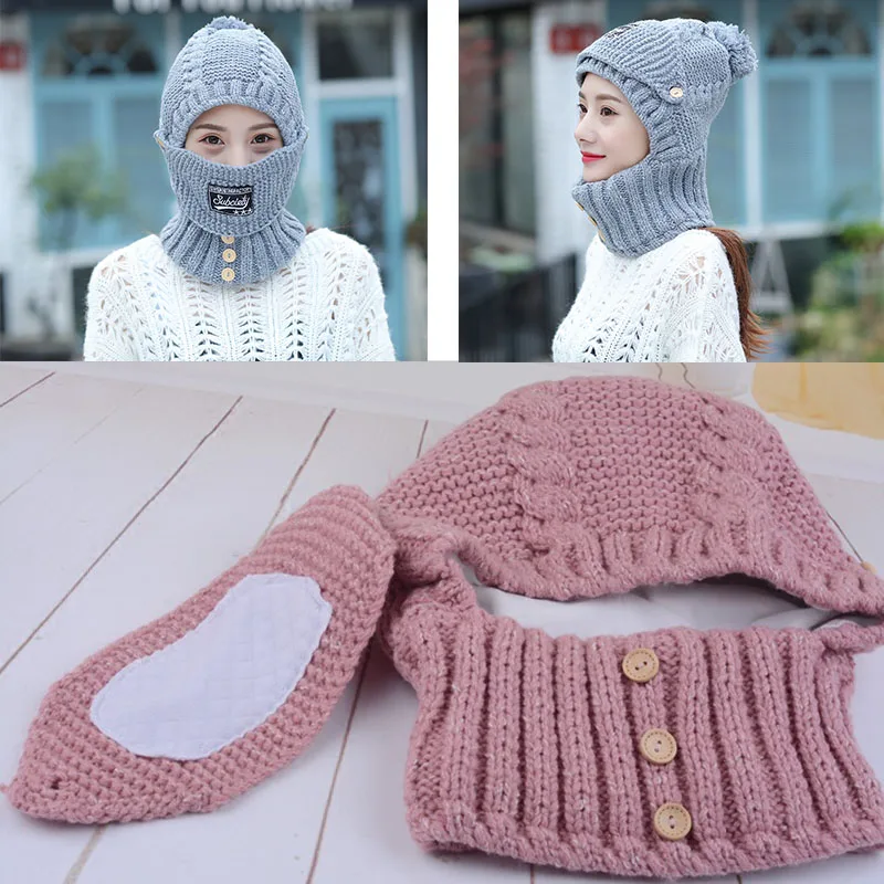 2021 Winter knitted Beanies Hats Women Thick Warm Beanie Skullies Hat Female balaclava Bonnet Beanie Caps Outdoor Riding Sets