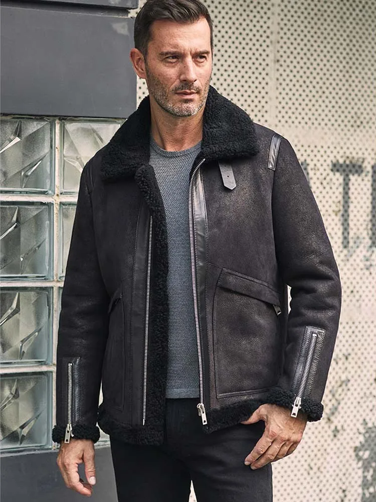 Denny&Dora Men's Shearling Jacket - Motorcycle Style, Short Sheepskin Leather Coat with Winter Fur Lining​