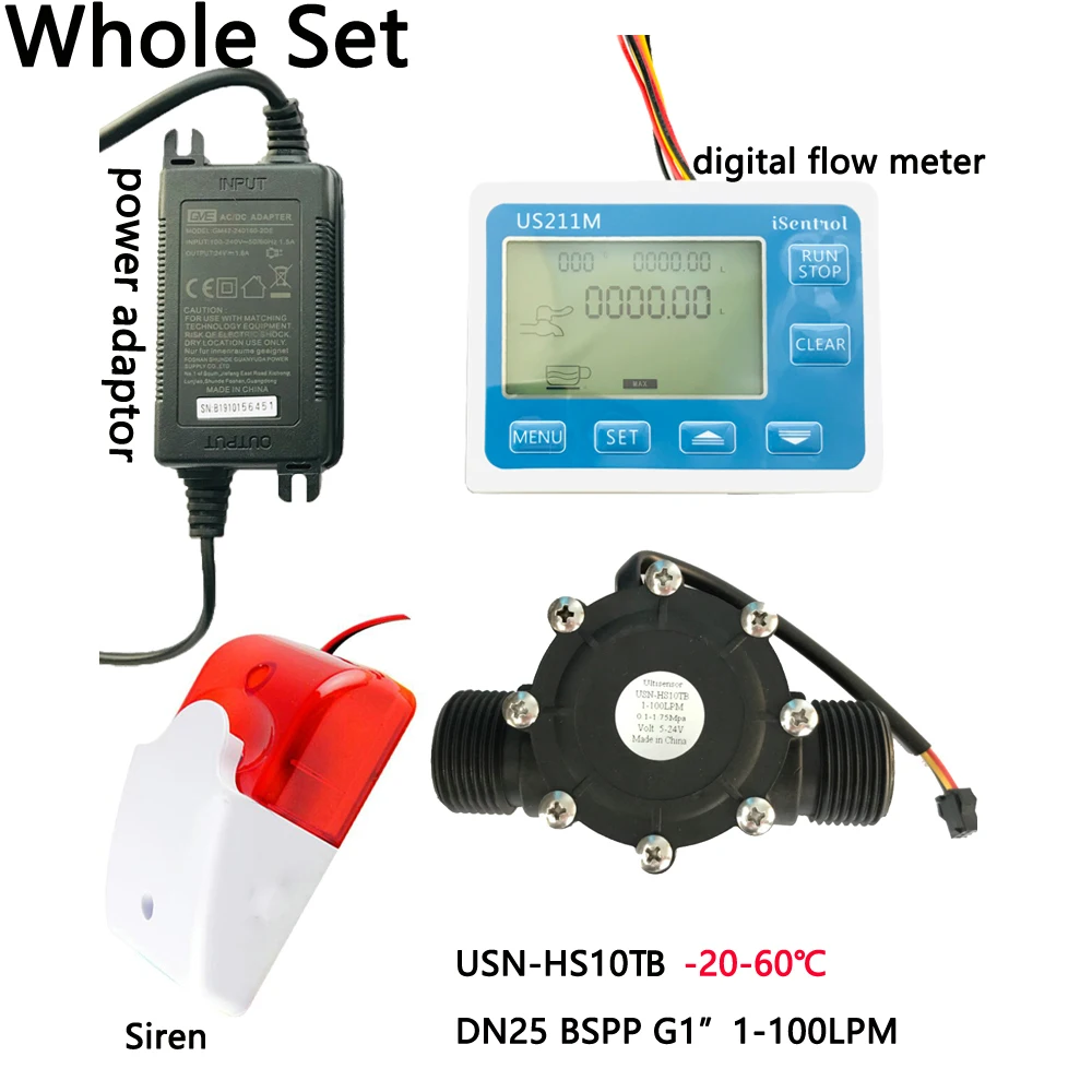 

US211MA Water Flow Meter Totalizer Alarmer and PA66 USN-HS10TB Flow Senor Turbine flow meter G1" BSPP Water Suspend Alarming Sys