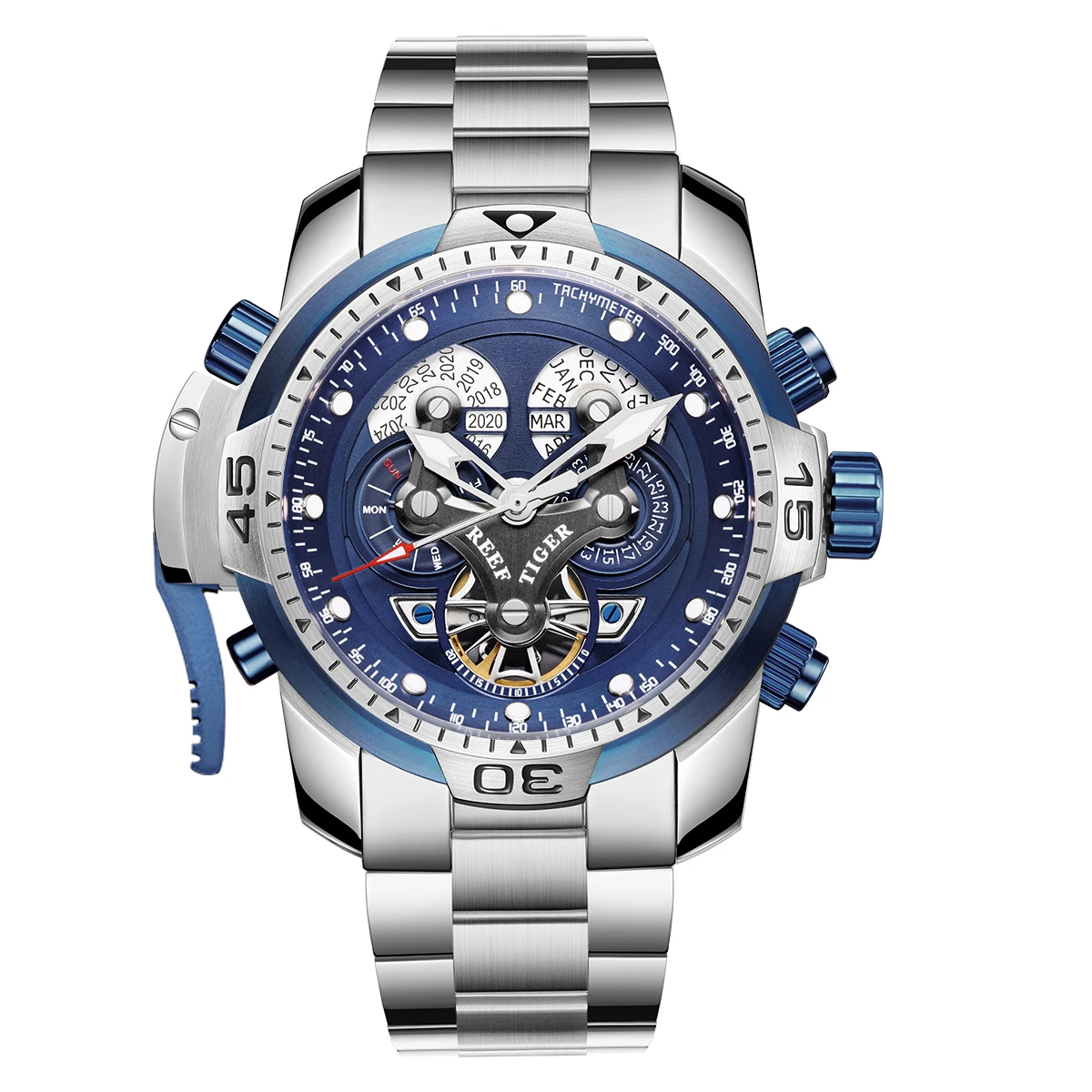 Reef Tiger Men Automatic Wrist Watch,Luxury Mens Watches Skeleton Self Wind Mechanical Wristwatch Luminous Sapphire Mirror