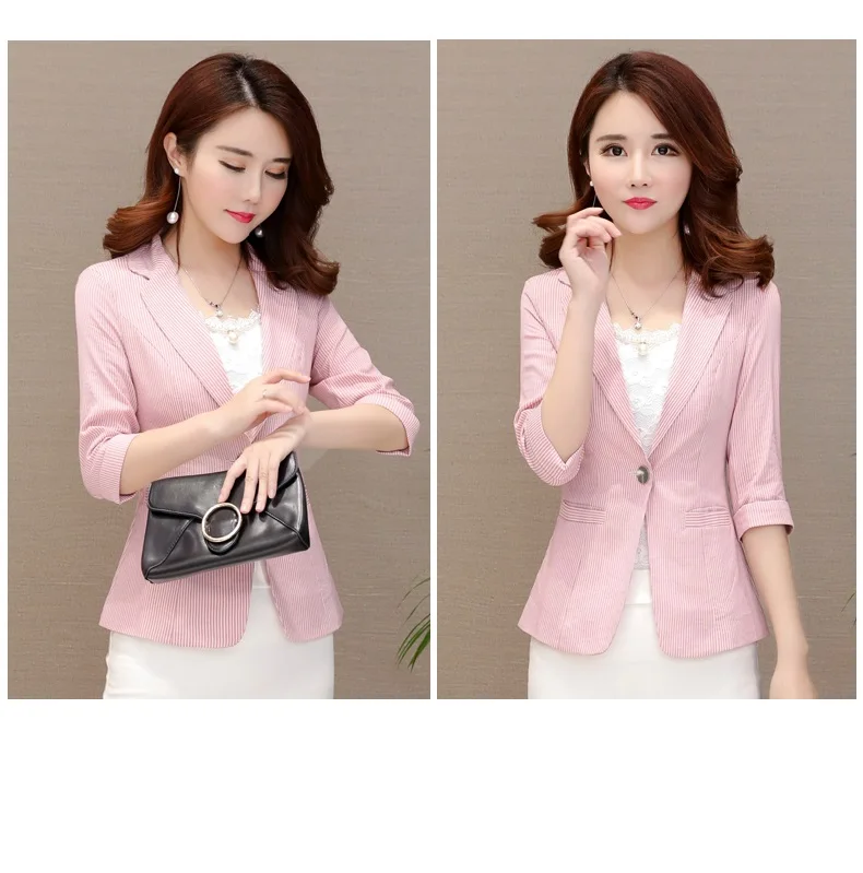 Elegant Women's Stripe 3/4 Sleeve Suit Jacket 2026 Spring Summer Thin Slim Outwear Single Button Female Office Blazer Coat Tops