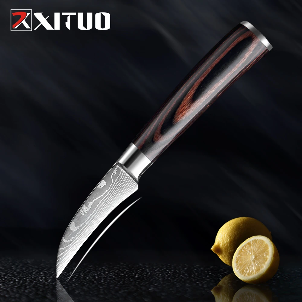 

XITUO 3.5 Inch Kitchen Chef Knife Fruit Knife 7Cr173 Stainless Steel Laser Damascus Pattern Colored Wooden Handle Kitchen Knife