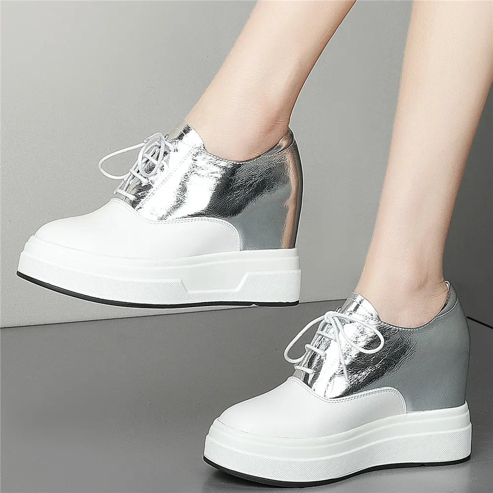 Oxfords Shoes Women Genuine Leather Wedges High Heel Evening Party Pumps Female Lace Up Round Toe Fashion Sneakers Casual Shoes