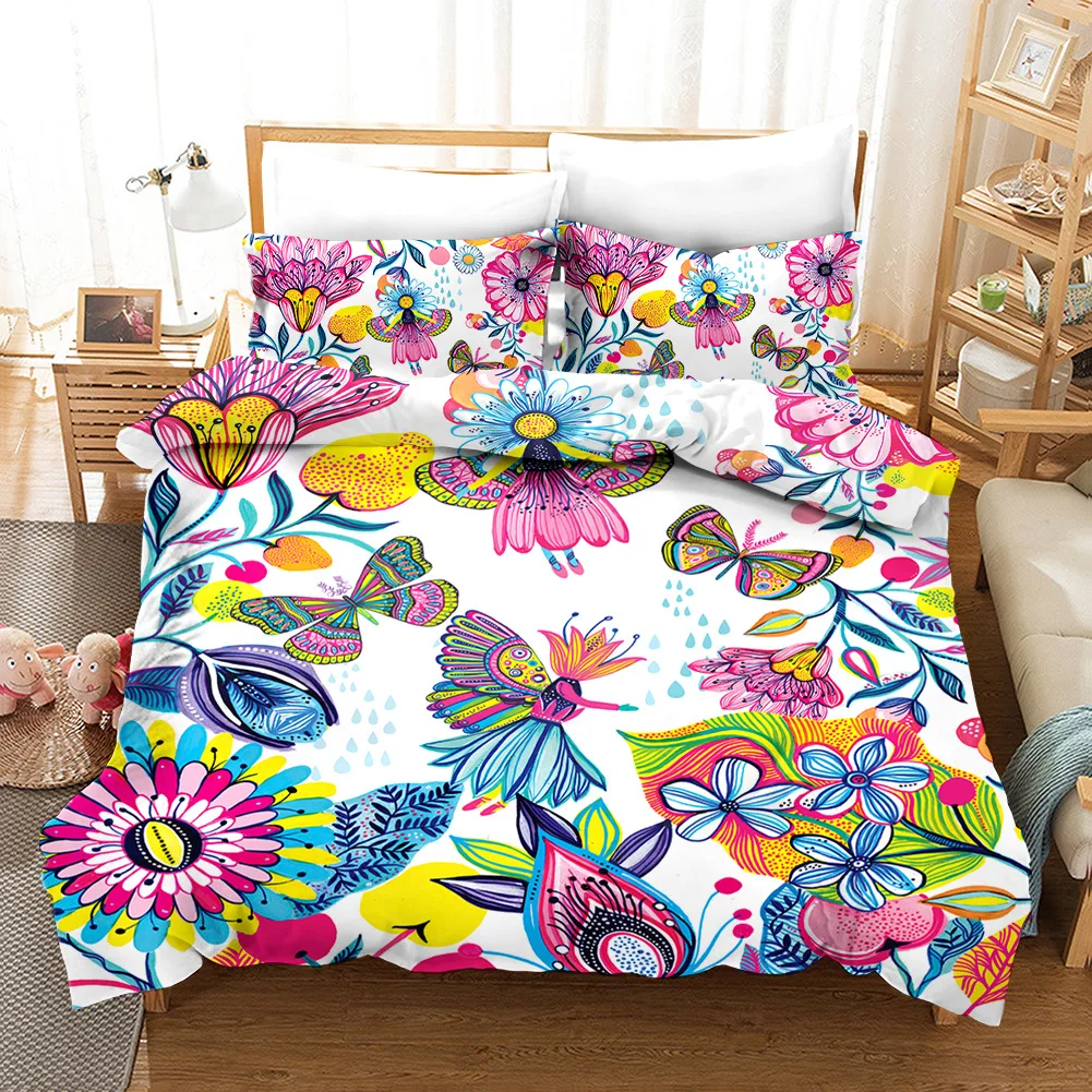 

Flower Butterfly Bedding Set Luxury Comforter Duvet Covers Pillowcases Comforter Bedding Sets Bed Linen Colorful Home Textile