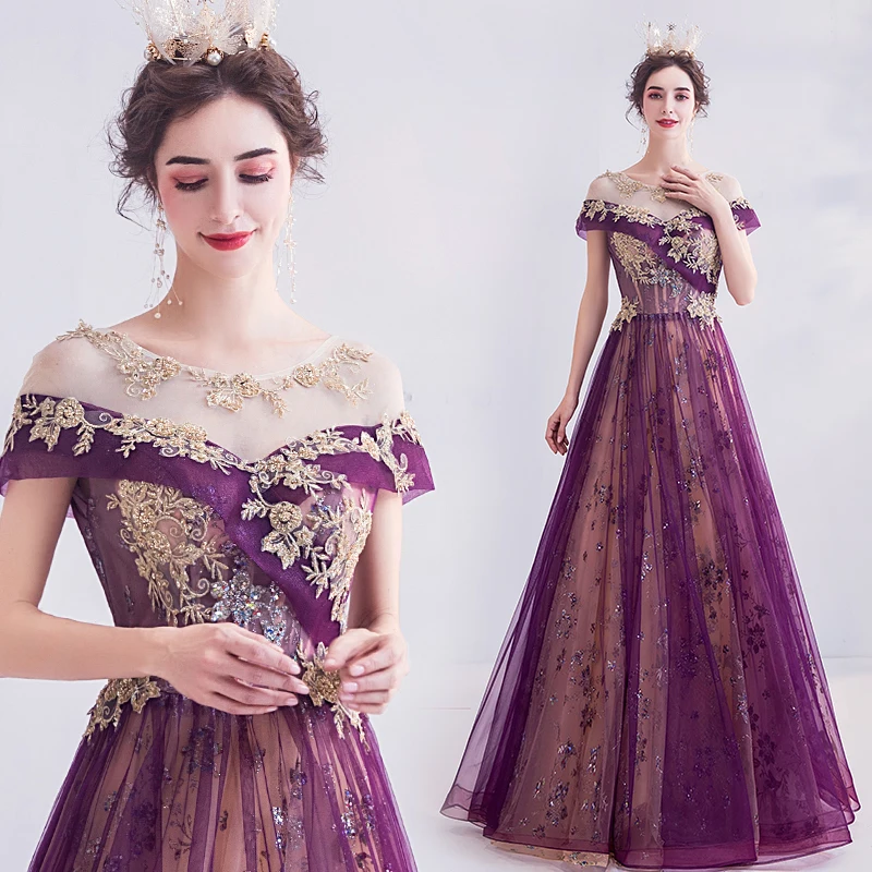 2020 Nieuwe Mode Paars Korte Mouwen A-lijn Tulle Applicaties Bloemen Elegant Avondjurken Bruid Banket Party Prom Dress ND28