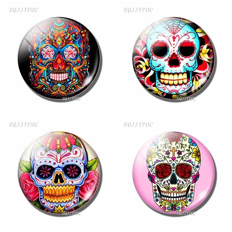 Sugar Skull Refrigerator Magnet Glass Convex Round Refrigerator Sticker Folk Art Skull Fridge Magnet HomeDecoration