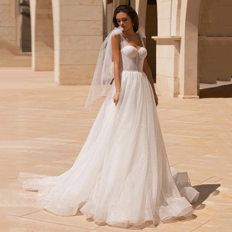 Robes de mariée princesse personnalisées pour femmes, robe de patients en tulle scintillant, robe dos nu avec train de balayage, mariée en fibre, chérie, 2024