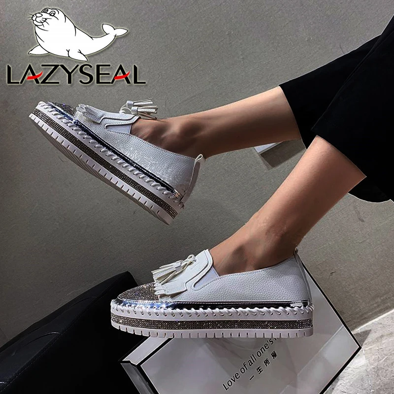 LazySeal 2021 Fringe Loafers Shoes Women Luxury Crystal Slip on Platform Casual Flats Plus Size 43 Flat Heels Sneakers Mujer