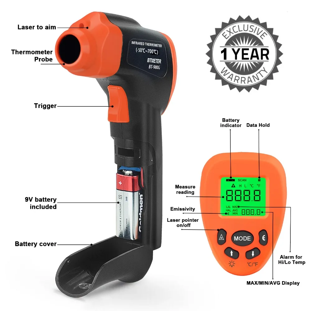 

Digital Non-Contact Infrared Thermometer 16:1 IR Laser Gun Temperature Range -58-1292℉(-50℃ to 700℃) with LCD backlight