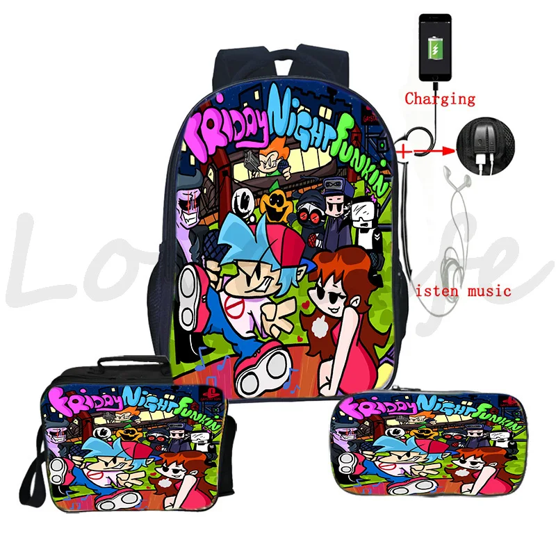 

Friday Night Funkin Backpack USB Charge School Bags for Teens Pen Bags Bookbags Girls Boys Laptop Knapsack Lunch Box 3 Pcs Set