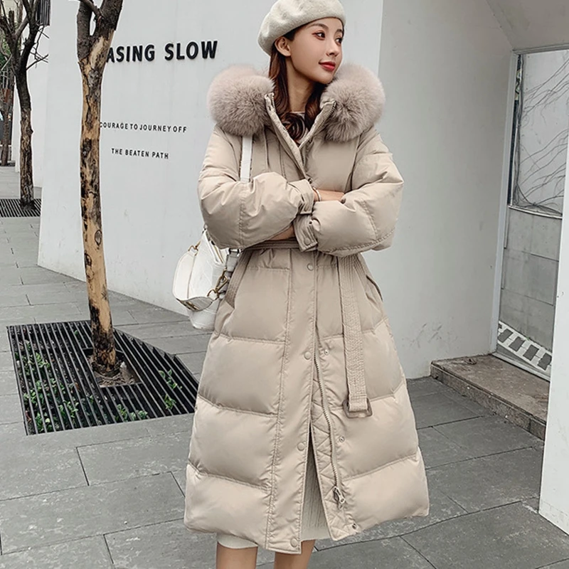 Winter Big Fur Hood Puffer Jacket Knee Length Slim White Duck Down Padded Overcoat With Belt Office Lady Down Parkas JK-884