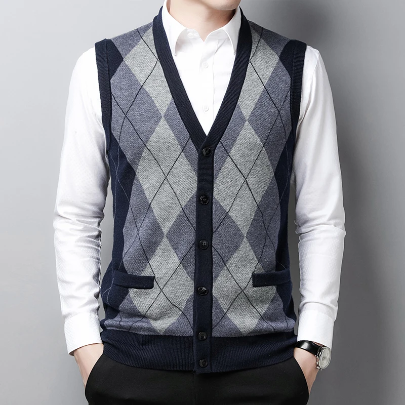 

Male Thick Wool Cardigan Autumn & Winter Argyle Buttons Up Knitwear Men's Sleeveless Sweaters V-Neck Patchwork Colors Knit Coat