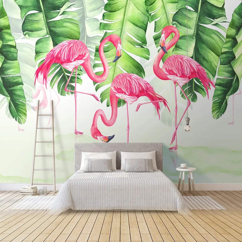 

Custom Mural Nordic Modern Green Leaf Flamingo 3D Photo Wall Decor Painting Hotel Bedroom Living Room TV Background Wallpaper