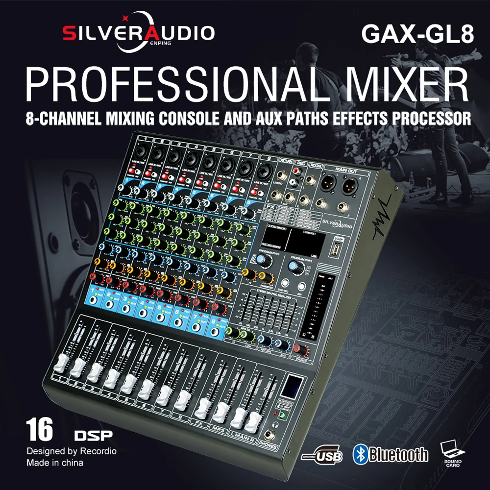 

GAX-GL8 Processor Mixing Console High Quality 8 Channel Digital Console Audio Mixer With USB For Karaoke Stage Concert