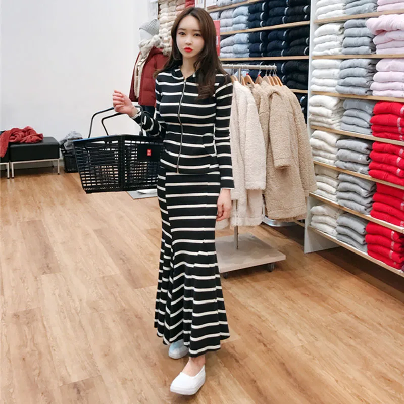 skirt sets two piece sets womens outifits 2 piece set 2023 latest fashion maxi skirt korean outfit casual autumn stripe fall